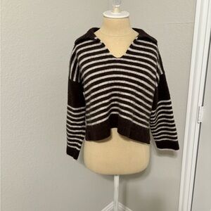 Madewell Brown and Cream Striped V-Neck Cropped 3/4 Sleeve Sweater